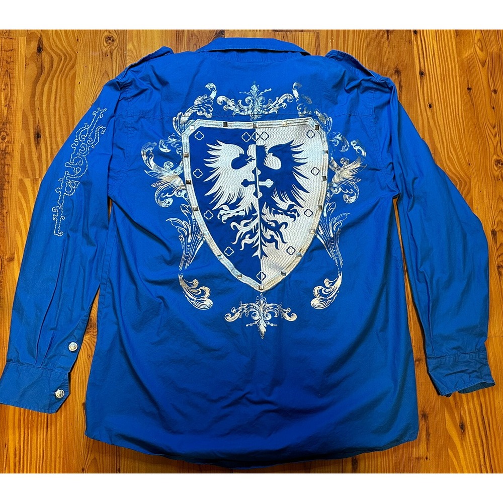 Vintage Russo Spirit Y2K 90s Style Button Down Shirt Blue Silver Crest Design XL